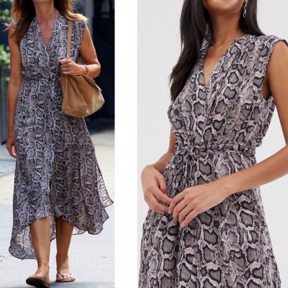All Saints Tate Misra Asymmetric Hem Dress Elegant Snake Print Maxi Dress in S